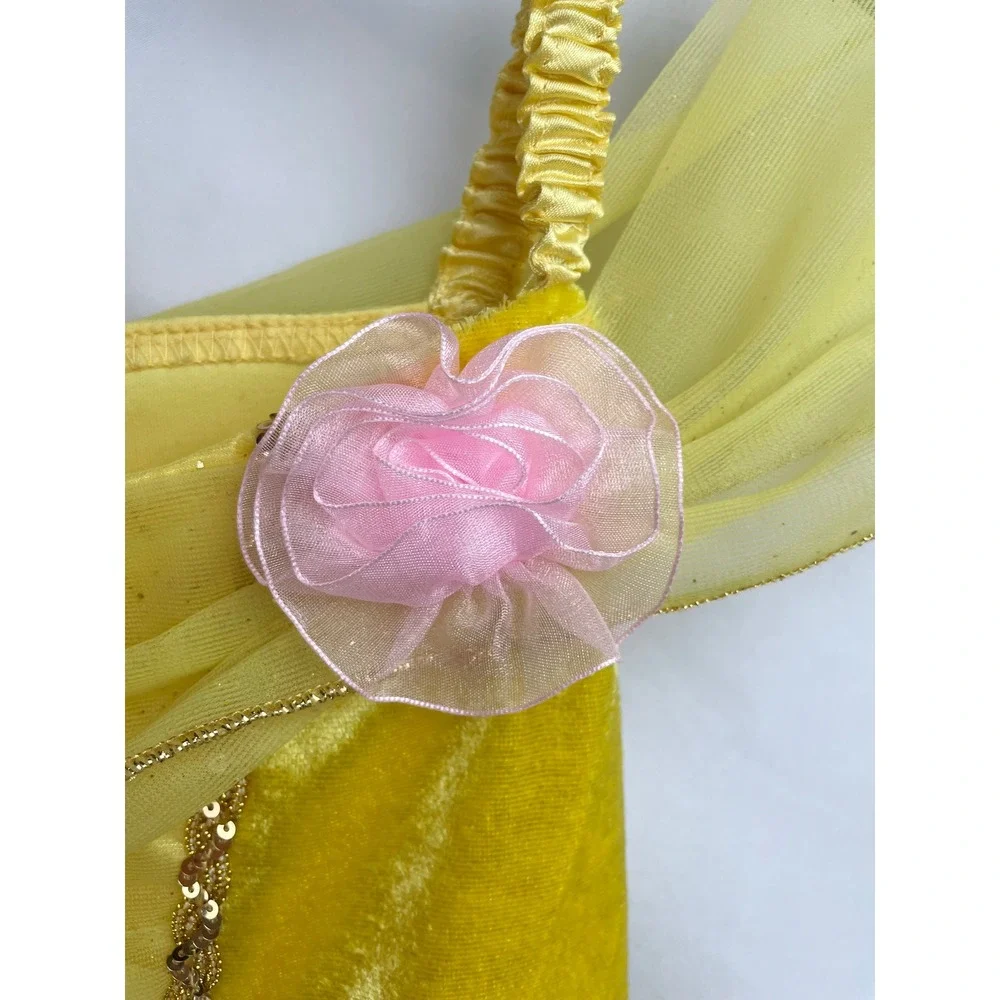 Disney Store Girl 7/8 Belle Beauty Beast Dress Yellow Costume Princess Roses - Picture 3 of 5